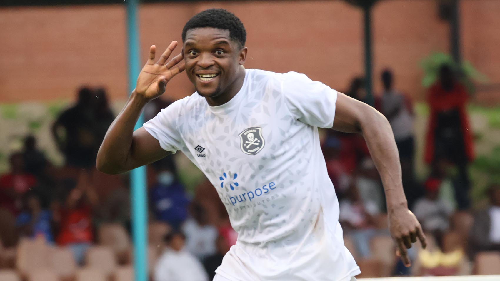 Moneni Pirates' Vukile Khumalo celebrates his goal scored from the penalty spot yesterday, which was enough to get all three points. (Pics: Melusi Mkhabela and Nimrod Hlophe)